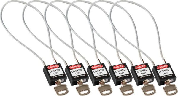 Brady, kompaktes Sicherheitsschloss Nylon mit Kabelbügel, Schwarz, 400mm Kabellänge, 4,7mm PVC-beschichtetes Kabel (Keyed Different) (6er Pack) (195986)