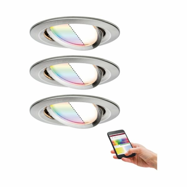 Paulmann Smart Home Zigbee LED Einbauleuchte Nova Plus eisen gebürstet, RGBW, rund, schwenkbar, 3er Set