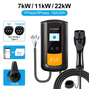 EV Charger 32A 7KW Electric Vehicle Car Charger EVSE Wallbox 11KW 22KW 3Phase Type2 Cable IEC62196-2